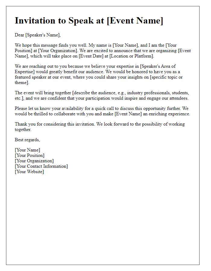 Letter template of outreach for a featured speaker opportunity.