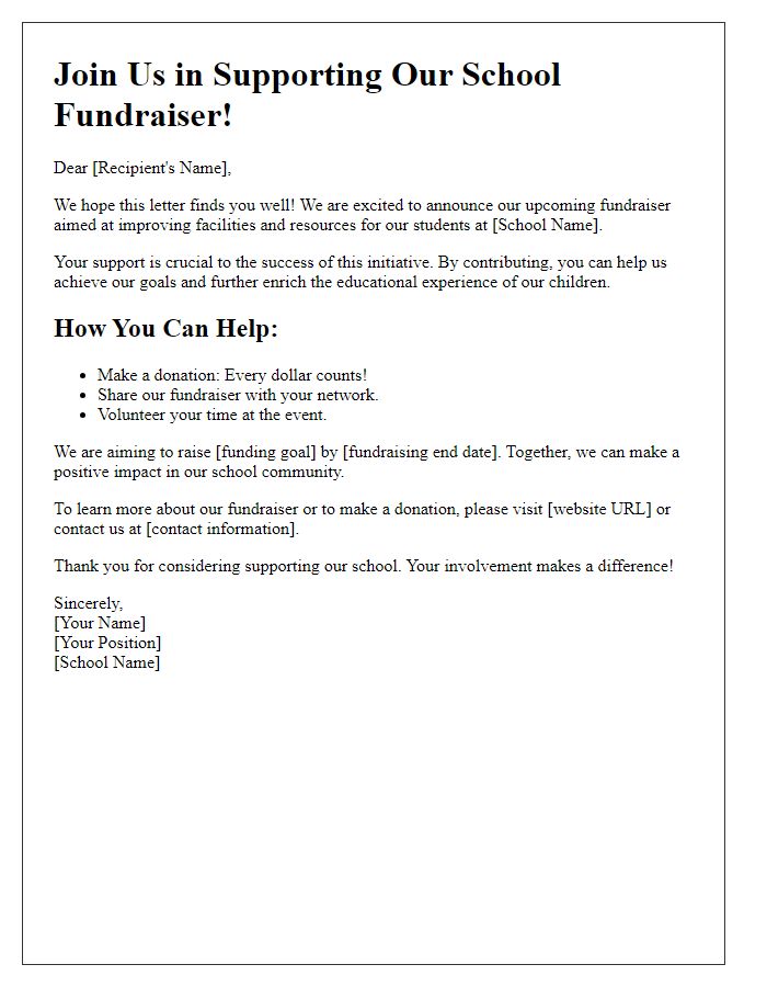 Letter template of call to action for school fundraiser support