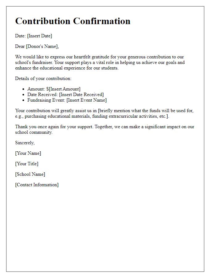 Letter template of contribution confirmation for school fundraiser