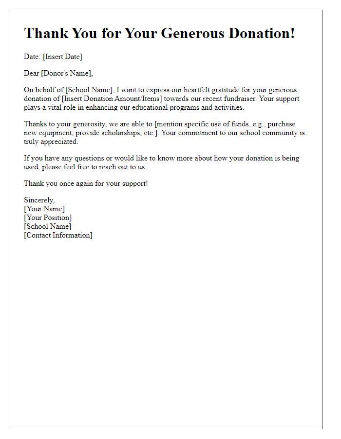 Letter template of donation acknowledgment for school fundraiser