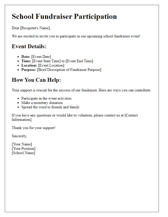 Letter template of event details for school fundraiser participation