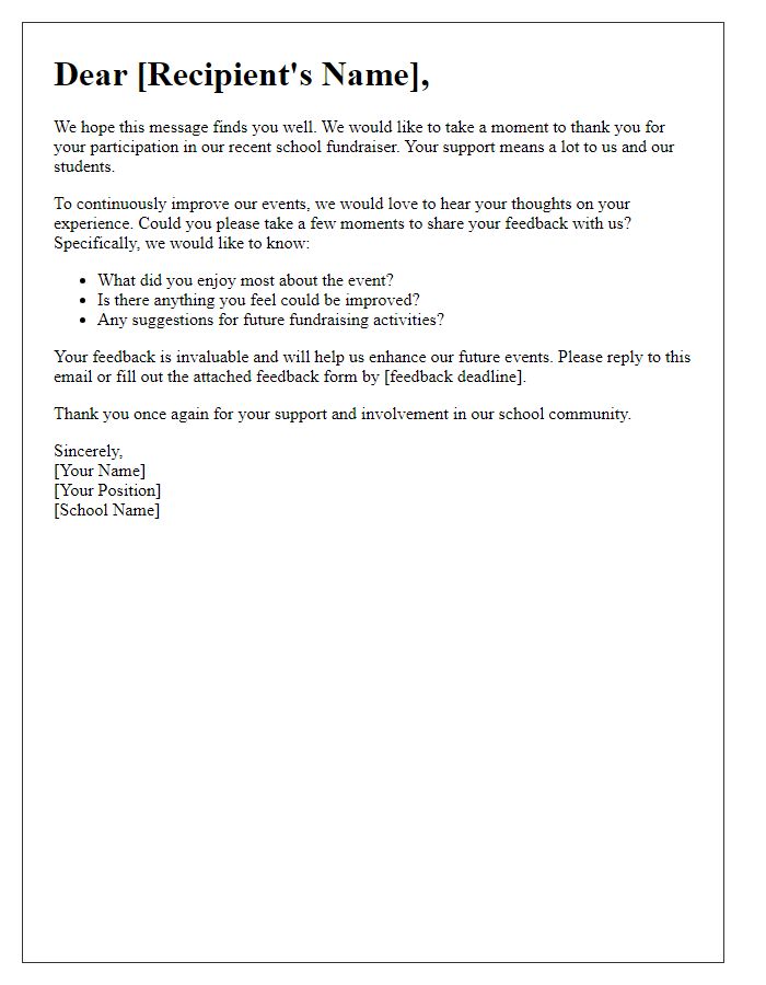 Letter template of feedback request after school fundraiser participation