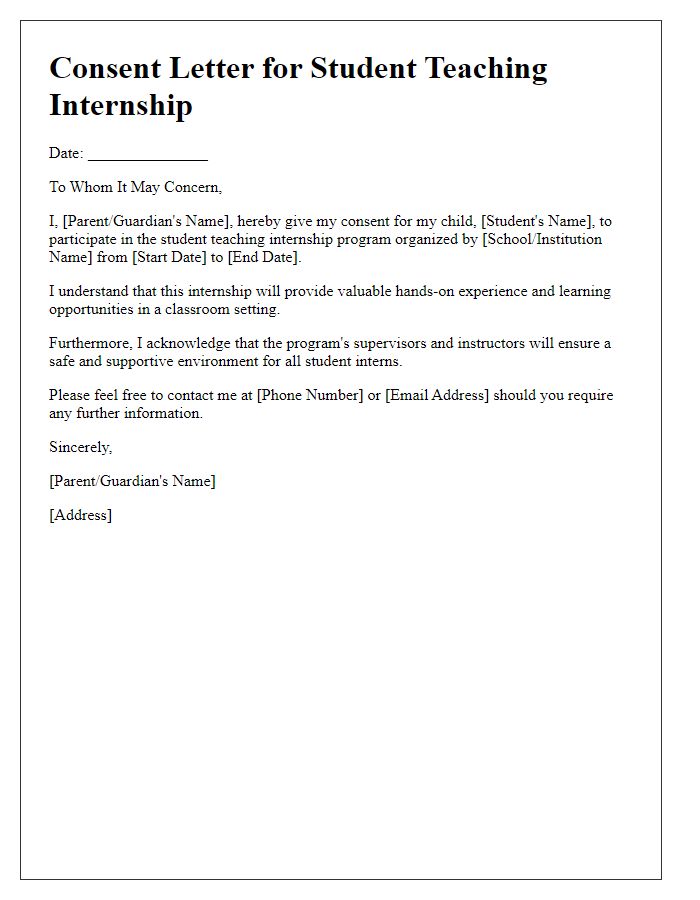 Letter template of consent for student teaching internship participation.