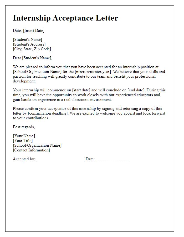 Letter template of internship acceptance for student teachers.