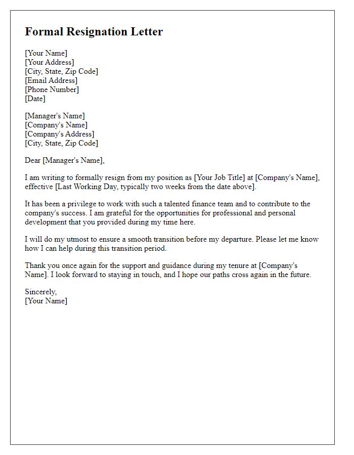 Letter template of formal resignation from finance position.