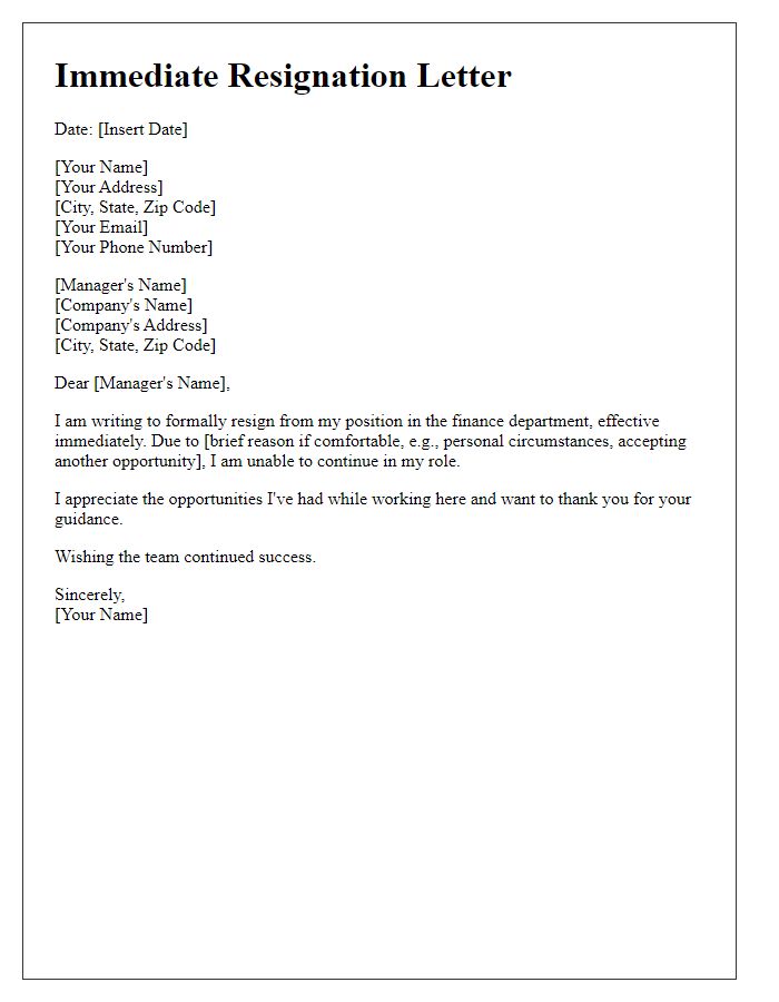 Letter template of immediate resignation from finance role.