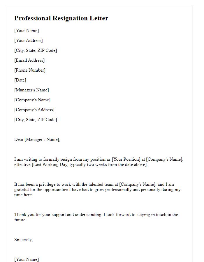 Letter template of professional resignation from finance sector.