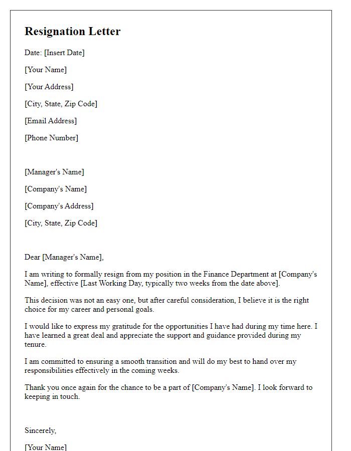 Letter template of resignation from finance department.