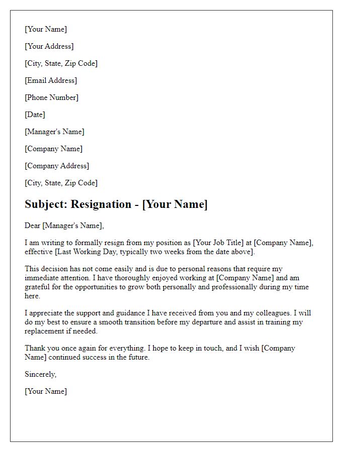 Letter template of resigning due to personal reasons from finance role.