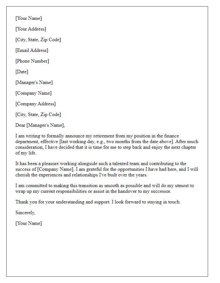 Letter template of retirement resignation from finance position.