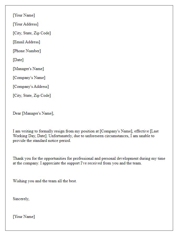 Letter template of short notice resignation from finance job.