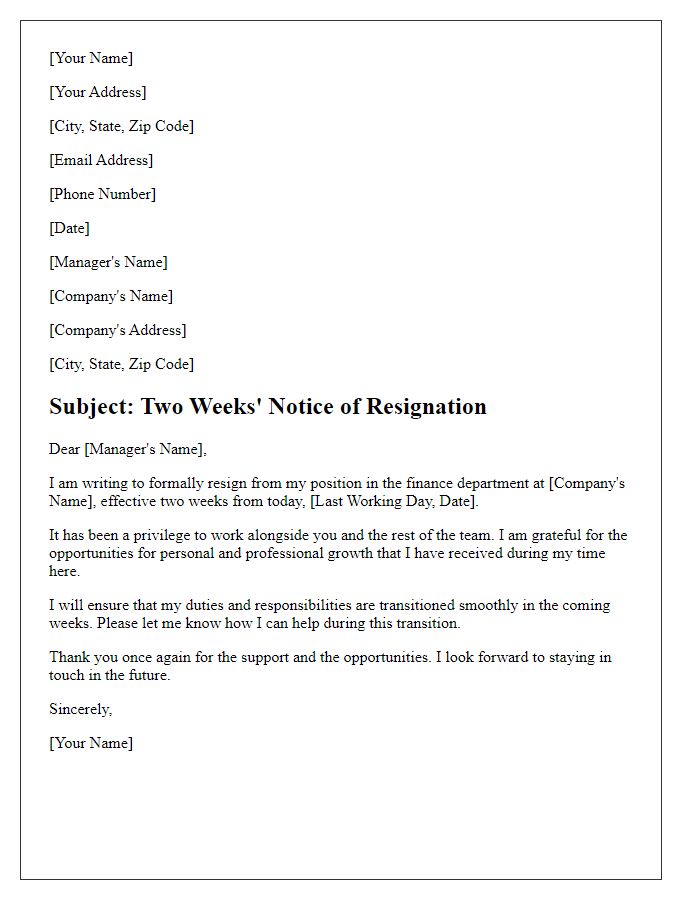 Letter template of two weeks notice resignation from finance position.