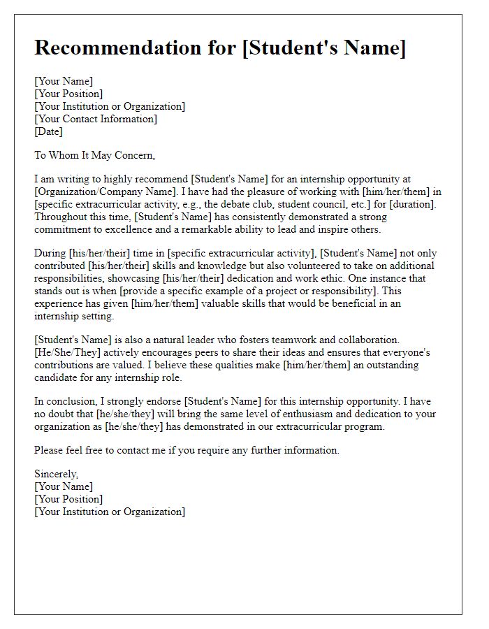 Letter template of extracurricular commitment recommendation for internship opportunities.