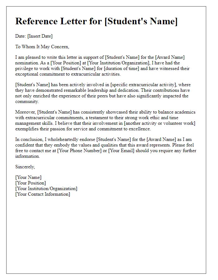 Letter template of extracurricular engagement reference for award nominations.