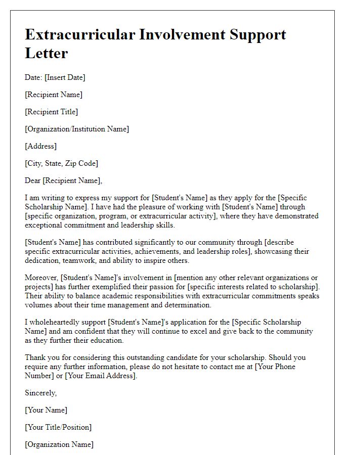 Letter template of extracurricular involvement support for scholarship consideration.