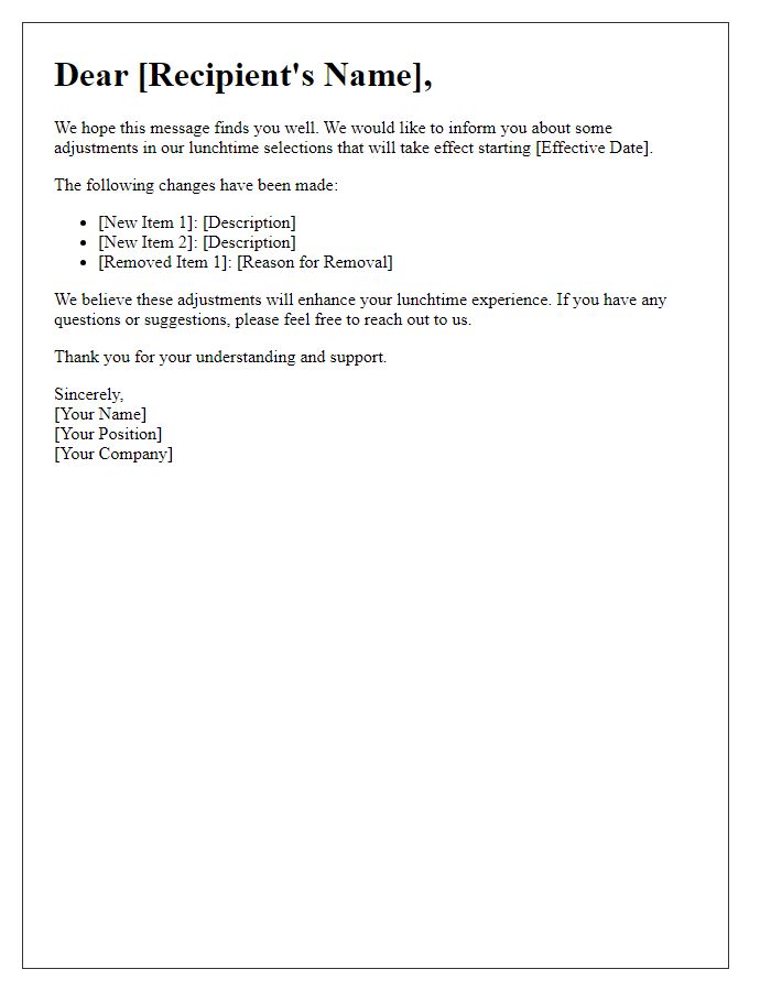 Letter template of adjustments in lunchtime selections