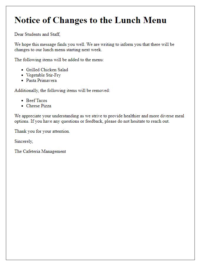 Letter template of changes to the lunch menu announcement