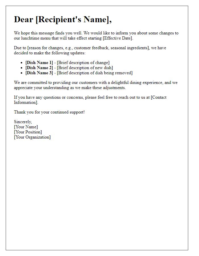 Letter template of lunchtime dish changes notification
