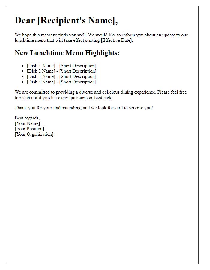 Letter template of lunchtime menu update notification