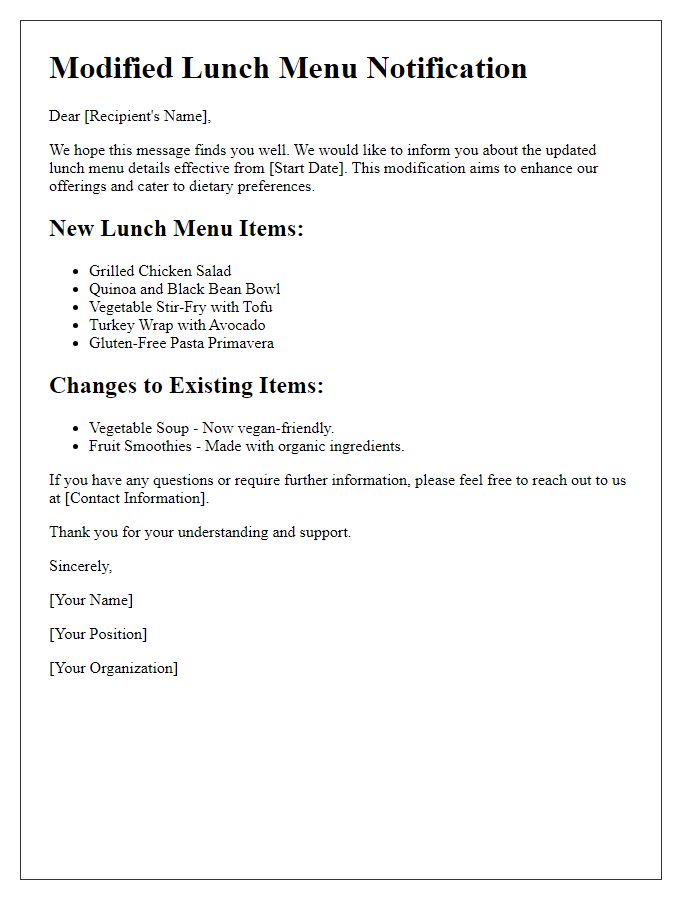 Letter template of modified lunch menu details