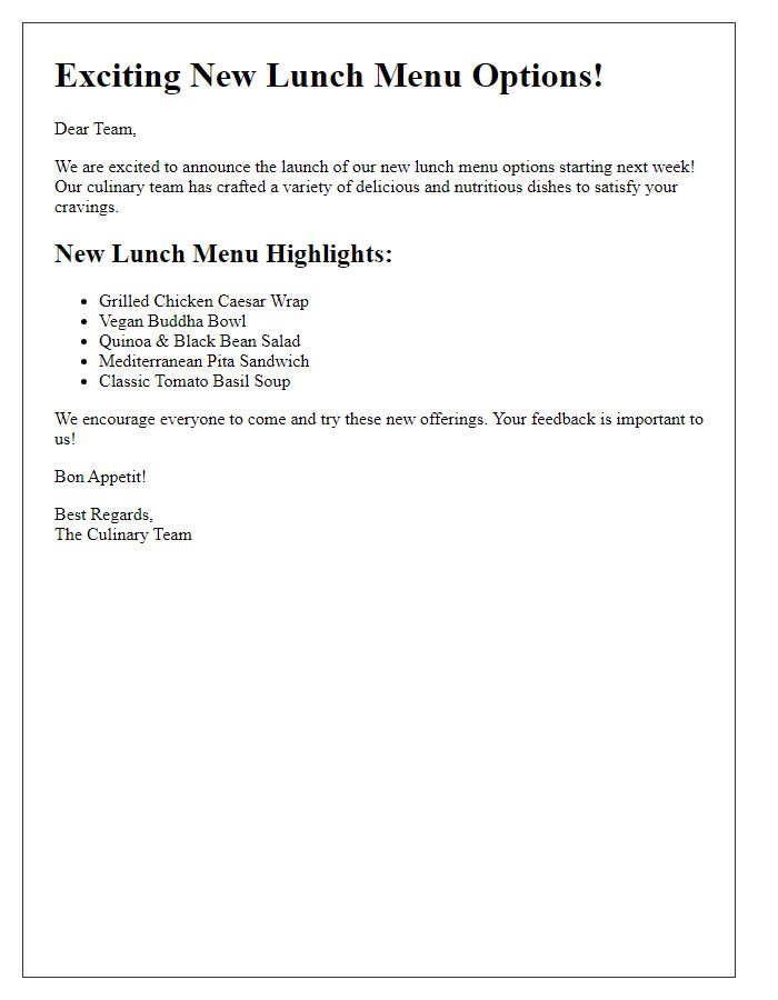 Letter template of new lunch menu options announcement