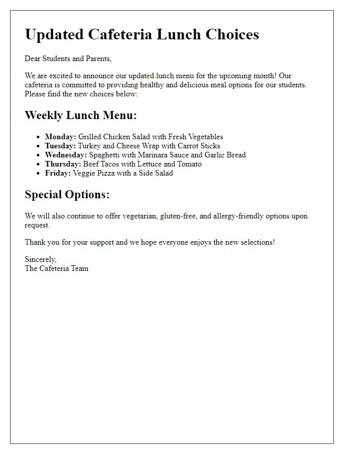 Letter template of updated cafeteria lunch choices