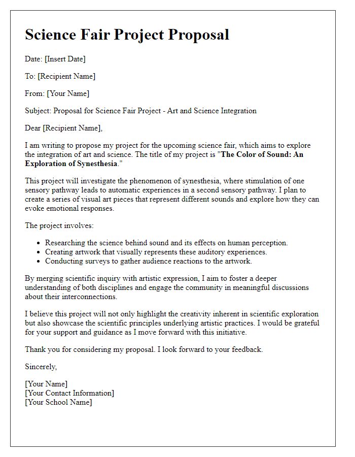 Letter template of science fair project proposal for art and science integration.