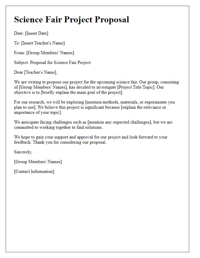 Letter template of science fair project proposal for group projects.