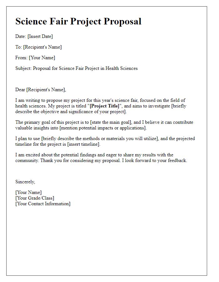 Letter template of science fair project proposal for health sciences.