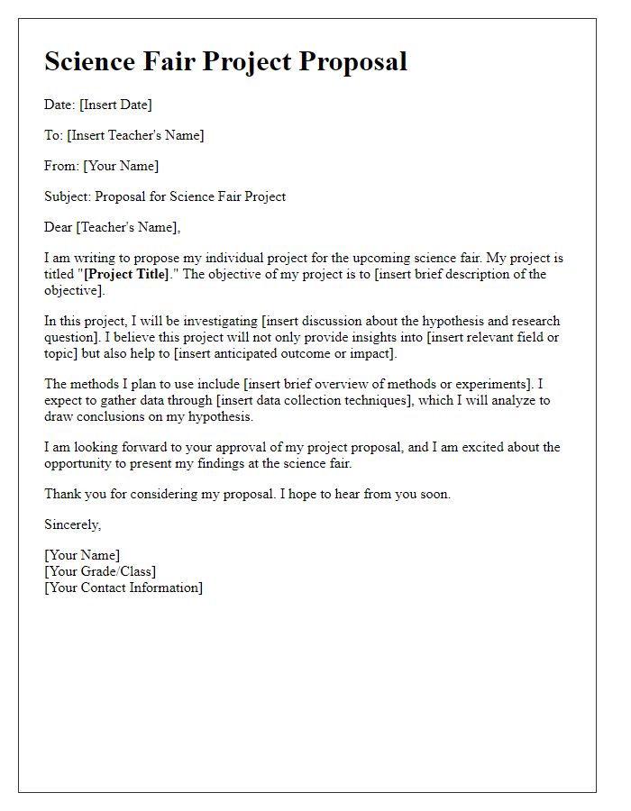 Letter template of science fair project proposal for individual projects.