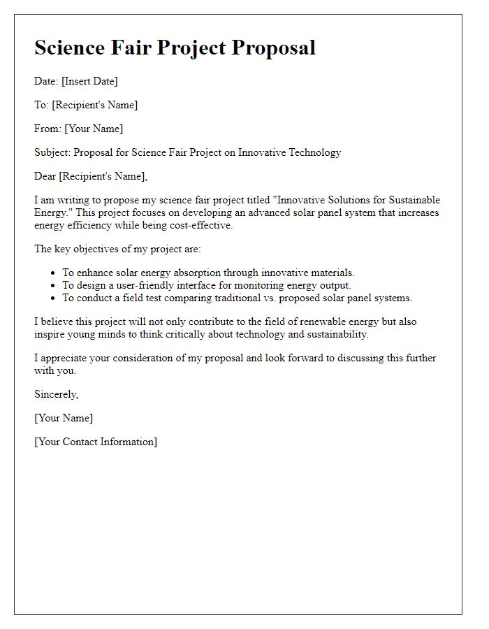 Letter template of science fair project proposal for innovative technology.