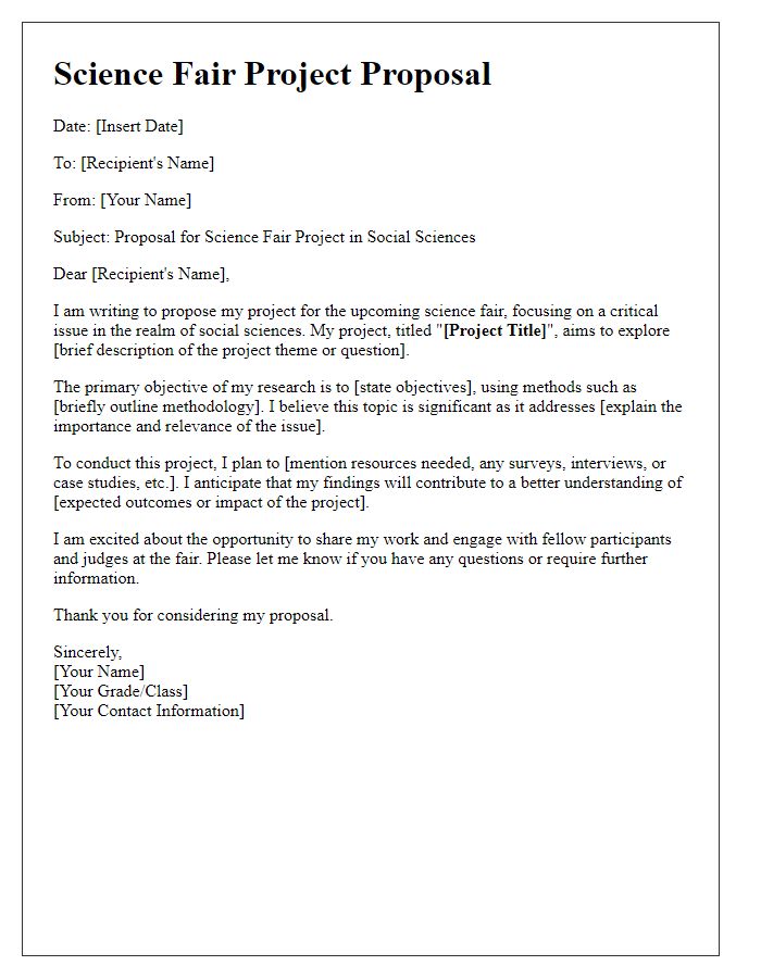 Letter template of science fair project proposal for social sciences.