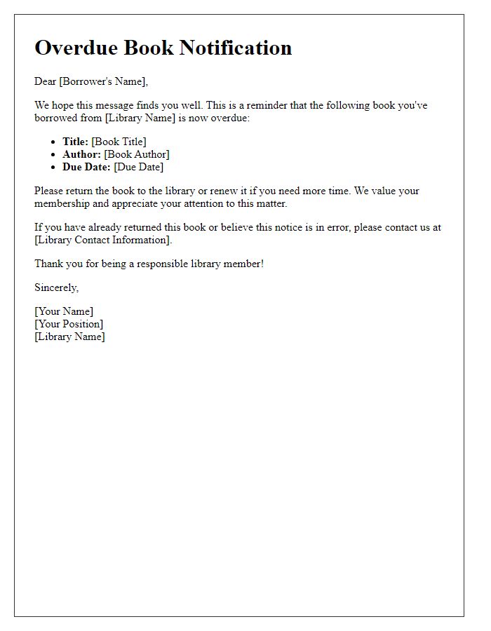 Letter template of overdue library book alert