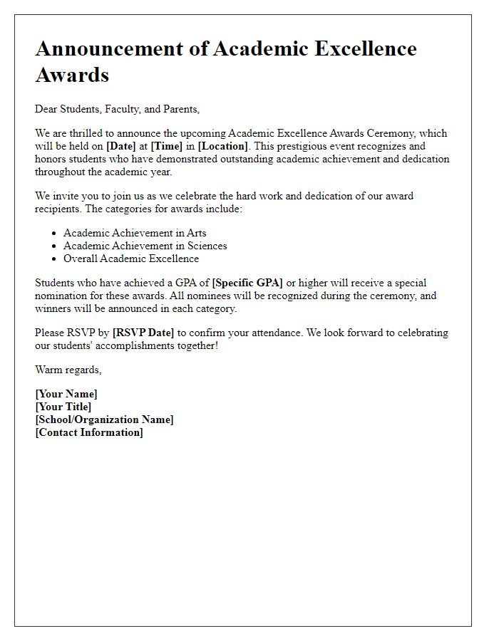 Letter template of announcement for academic excellence awards.