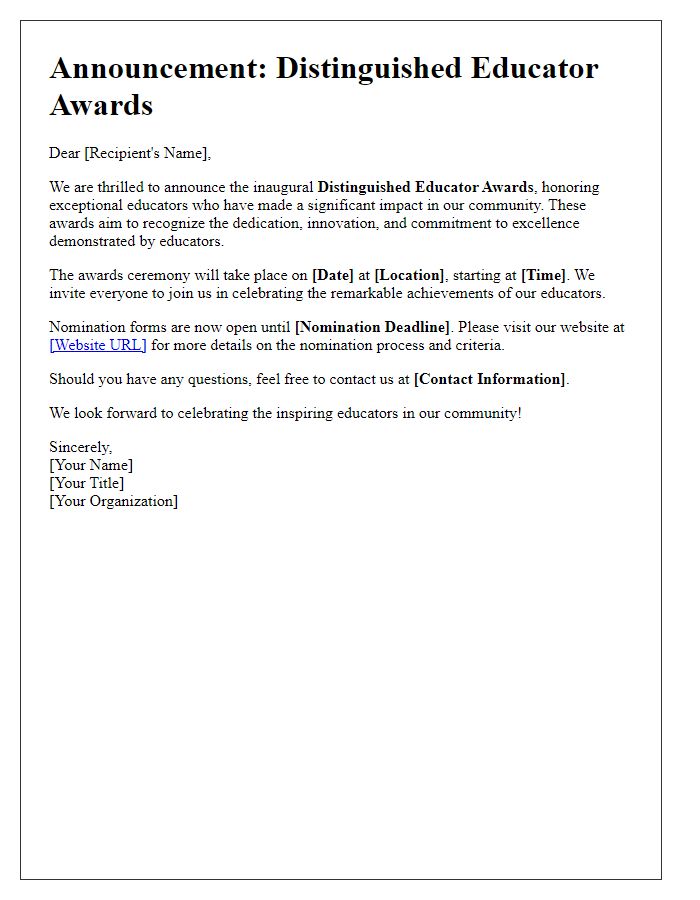 Letter template of announcement for distinguished educator awards.