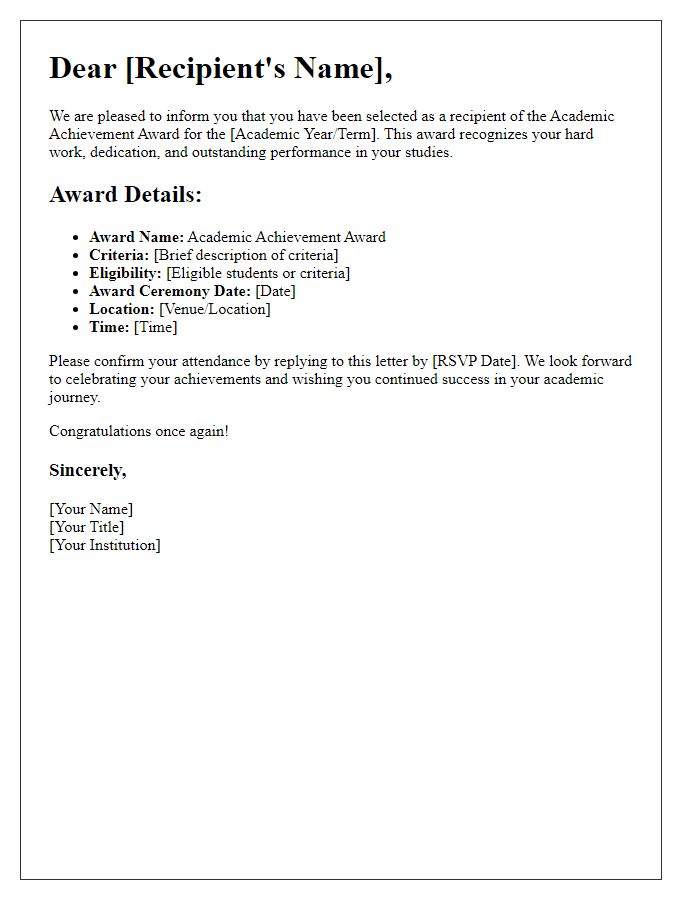 Letter template of details regarding the academic achievement awards.