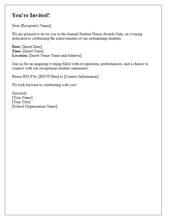 Letter template of invitation to the student honor awards gala.