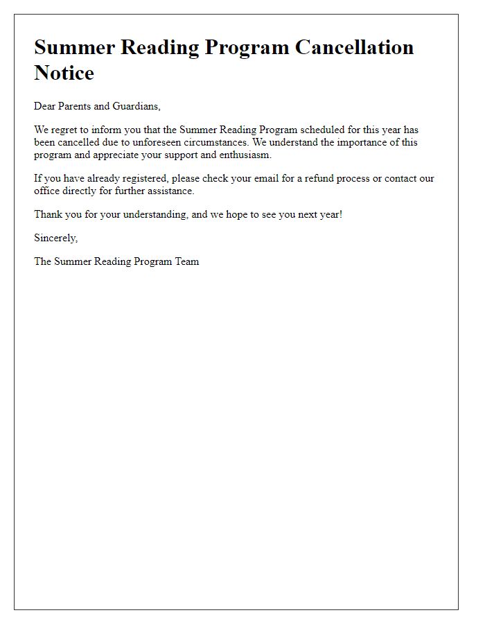 Letter template of summer reading program cancellation notice