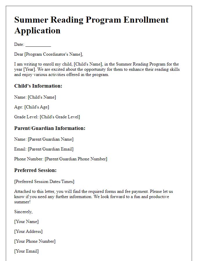 Letter template of summer reading program enrollment application