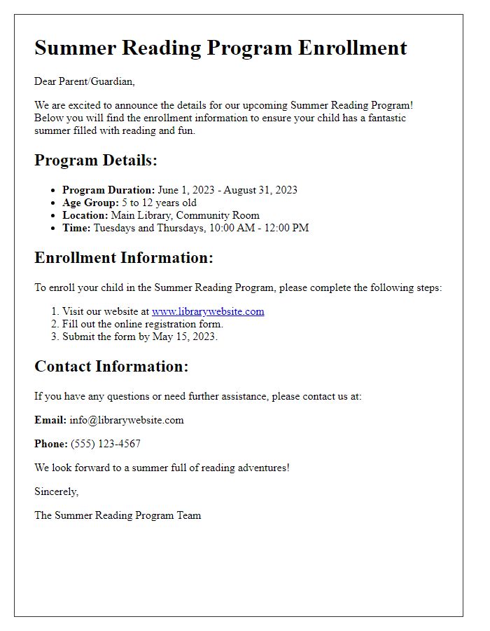 Letter template of summer reading program enrollment details