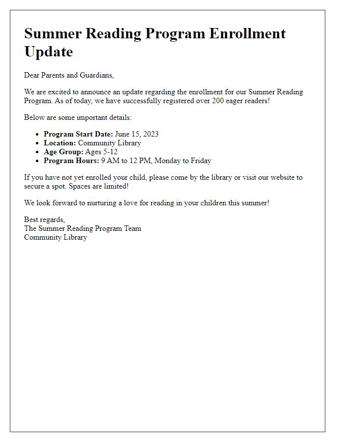 Letter template of summer reading program enrollment update