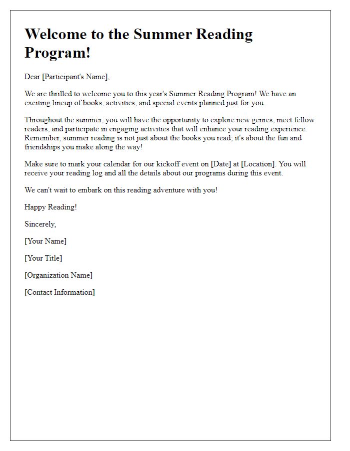 Letter template of summer reading program participant welcome