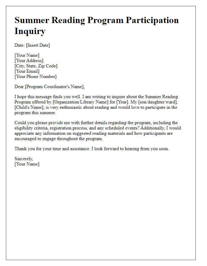 Letter template of summer reading program participation inquiry