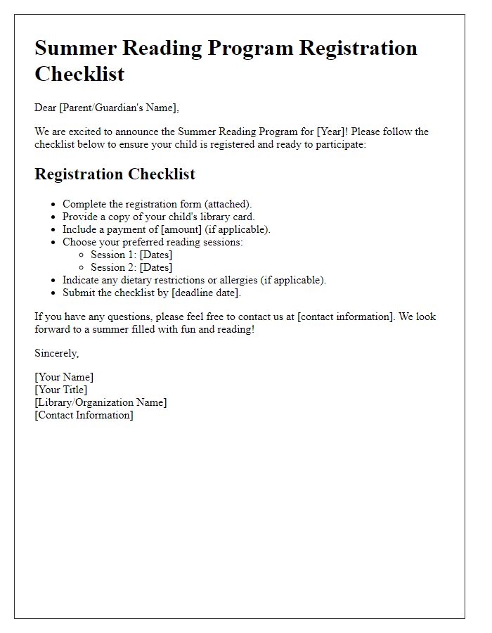 Letter template of summer reading program registration checklist