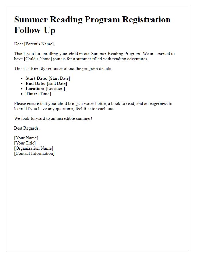 Letter template of summer reading program registration follow-up