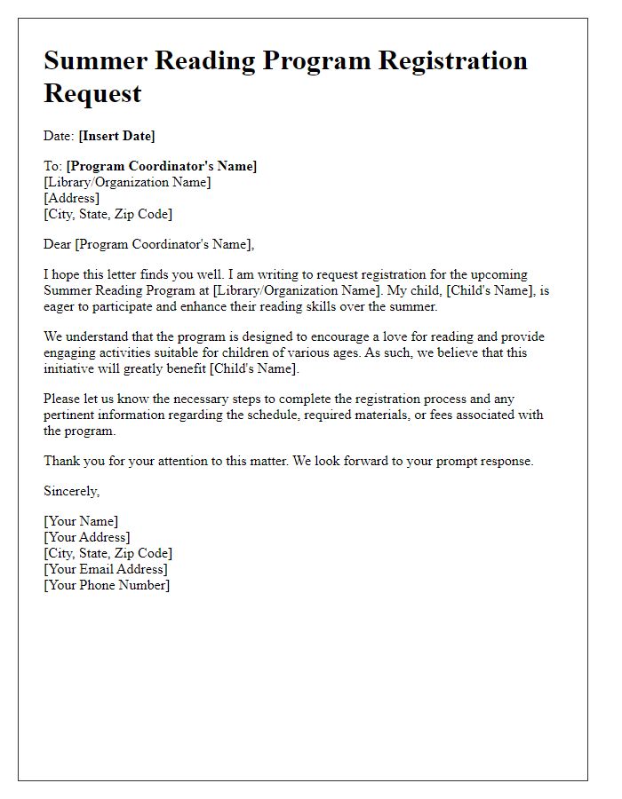 Letter template of summer reading program registration request