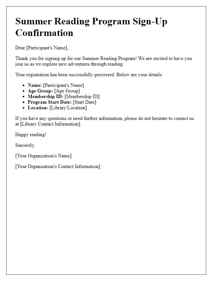 Letter template of summer reading program sign-up confirmation