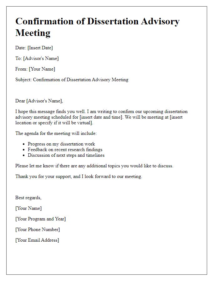 Letter template of confirmation for dissertation advisory meeting