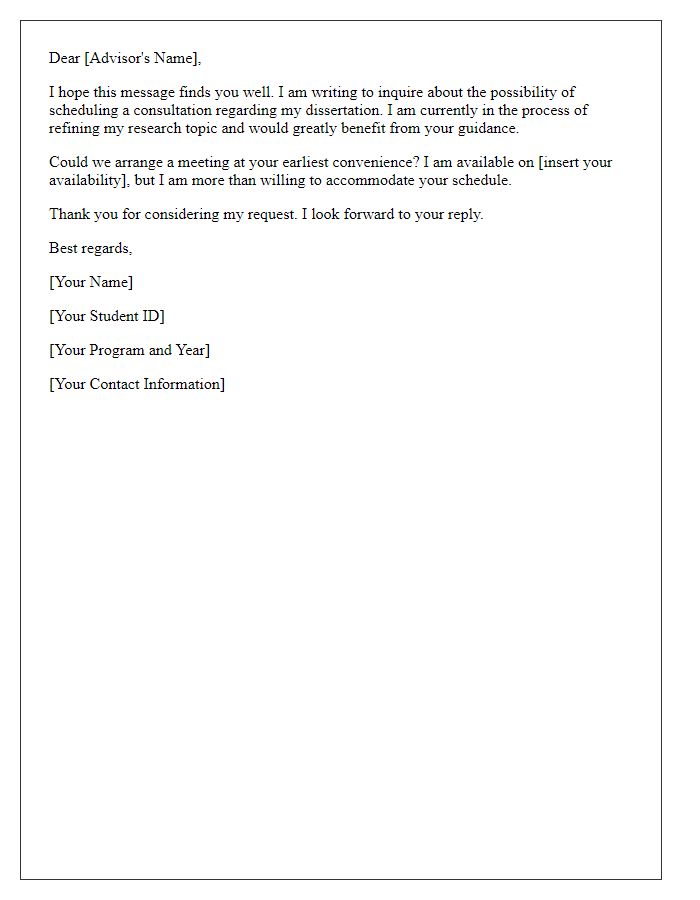 Letter template of inquiry about dissertation advisory consultation