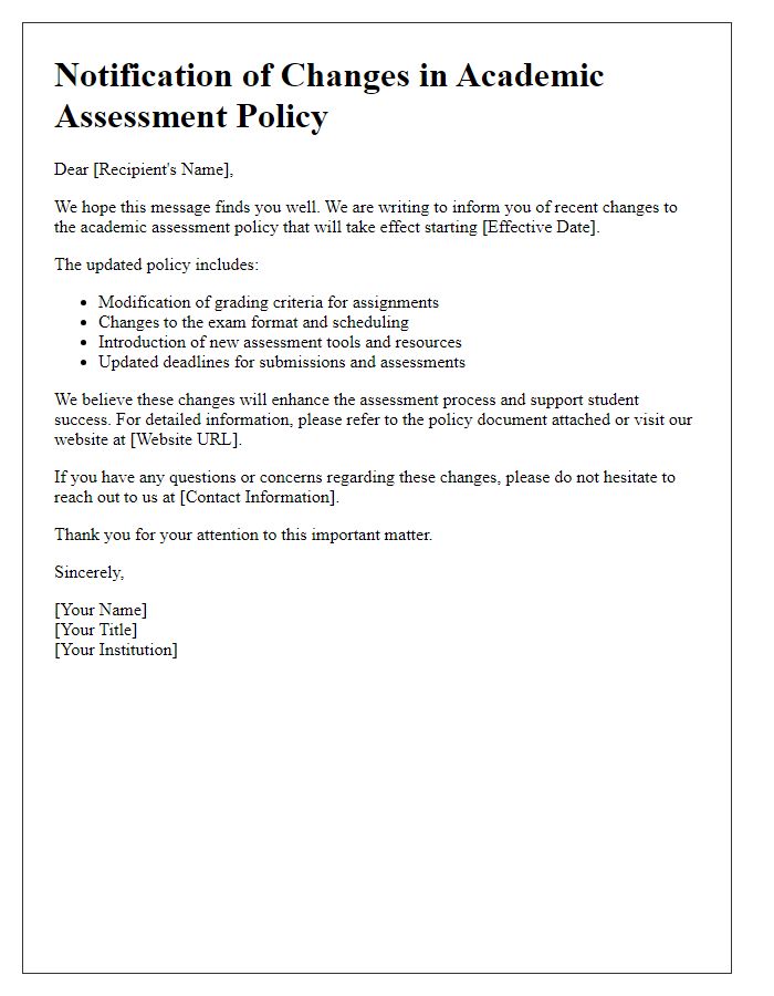 Letter template of changes in academic assessment policy